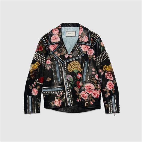 leather jacket floral paint gucci|Gucci leather jacket online.